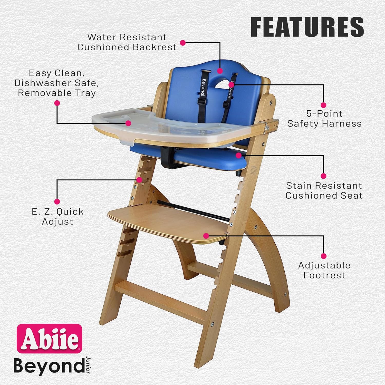 Abiie Beyond Junior Natural Wood/Blue Cushion Convertible 3-in-1 Wooden High Chairs for 6 Months to 250 lbs, and Ruby Wrapp Sage Green Waterproof Silicone Bibs with Front Pocket - Baby Essentials