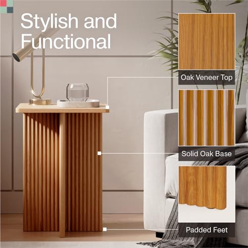 Square Fluted Accent Side Table - Pedestal Drink Table - Modern Home, Bedroom, and Living Room Furniture - Small End Table with Solid Wood X-Base and Wood Veneer Top (White)