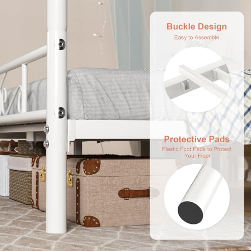 Queen Size Metal Canopy Bed Frame, Four-Poster Canopied Platform Bed Frame with Headboard and Footboard, Sturdy Metal Slatted Structure, No Box Spring Needed, Easy Assembly, White