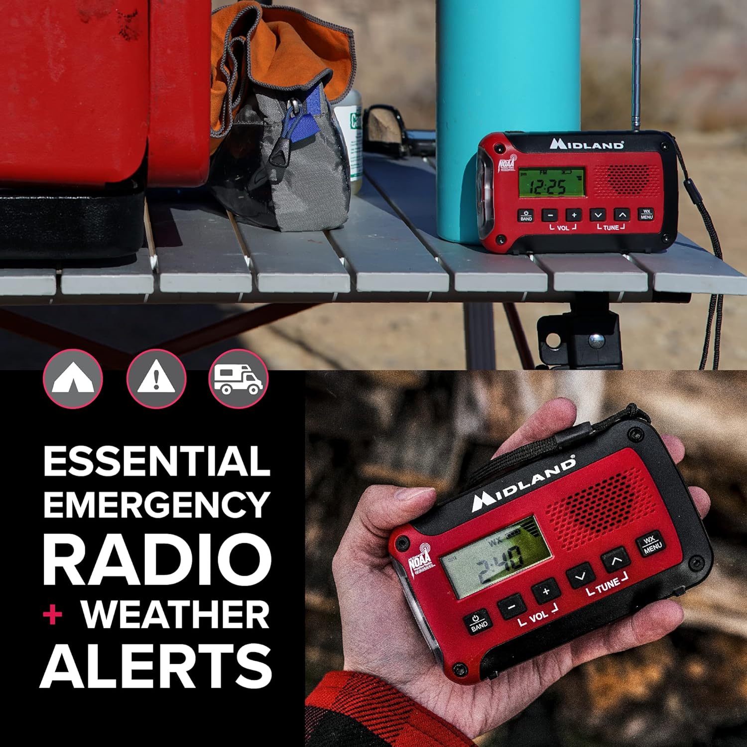 Midland - ER310, Emergency Crank Weather AM/FM Radio - Multiple Power Sources, SOS Emergency Flashlight, Ultrasonic Dog Whistle, & NOAA Weather Scan + Alert (Red/Black)
