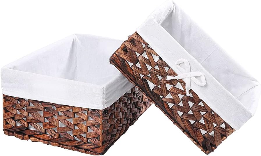 HDKJ Woven Storage Baskets with Liner, Water Hyacinth Rectangular Decorative Bins for Parlor Bedroom Bathroom Laundryroom Shelves Organizing. (QZXW-Set of 2) Pack of 2