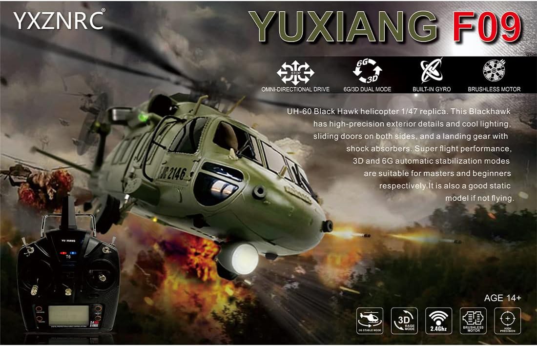 MAYS RC Helicopter for Adults, F09 1/47 2.4G 6CH Brushless Direct Drive Remote Control Military Helicopter for American UH60-Black Hawk Helicopter (RTF Edition)