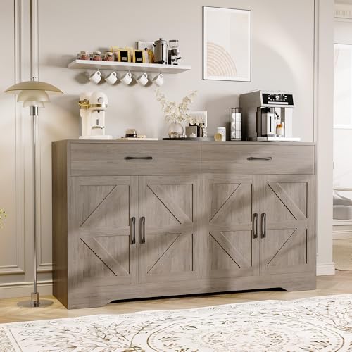 55" Sideboard Buffet Cabinet with Storage, Large Kitchen Storage Sideboard with Drawers & Doors, Modern Wood Farmhouse Coffee Bar Cabinet, Buffet Table for Kitchen, Dining Room, Living Room, White