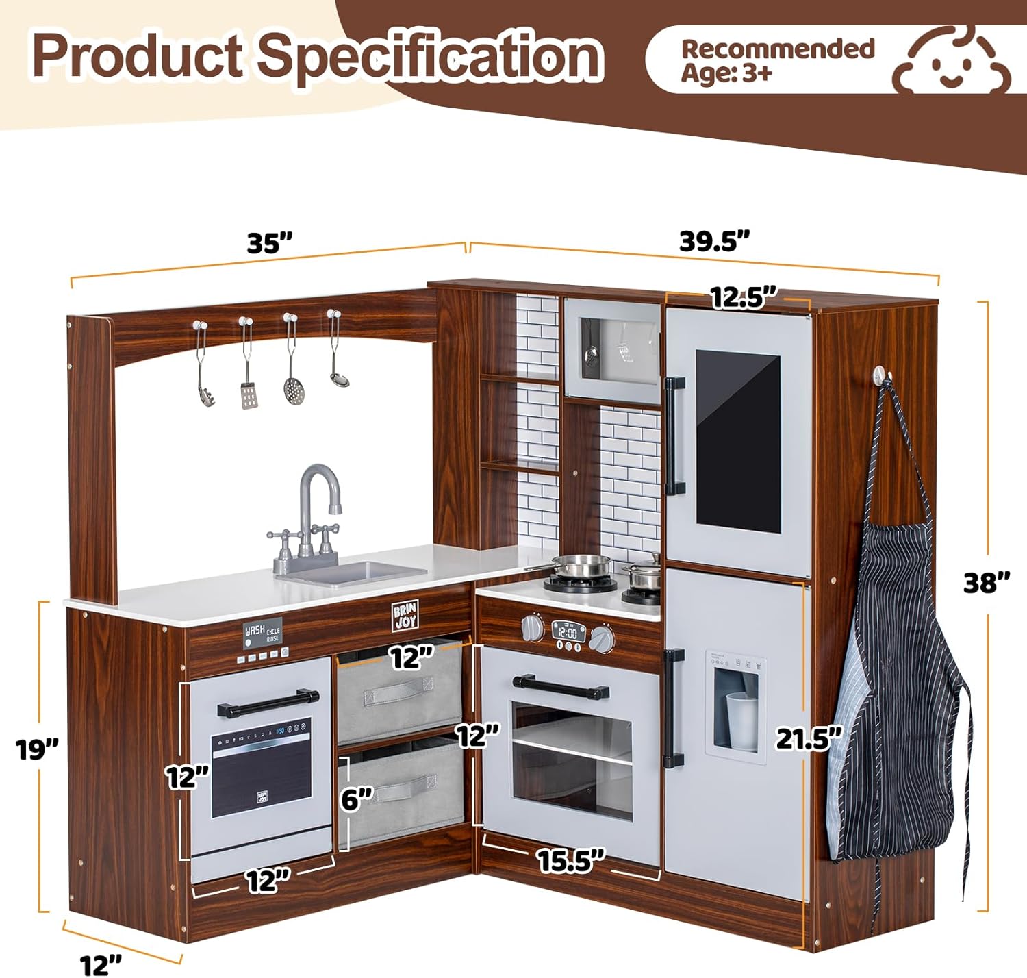 Corner Play Kitchen for Kids, Wooden Toddler Kitchen Playset w/Faucet, Sink, Microwave, Oven, Apron, Blackboard, Storage Cabinets, Pretend Cooking Toys w/Sound & Light Gift for Ages 3+