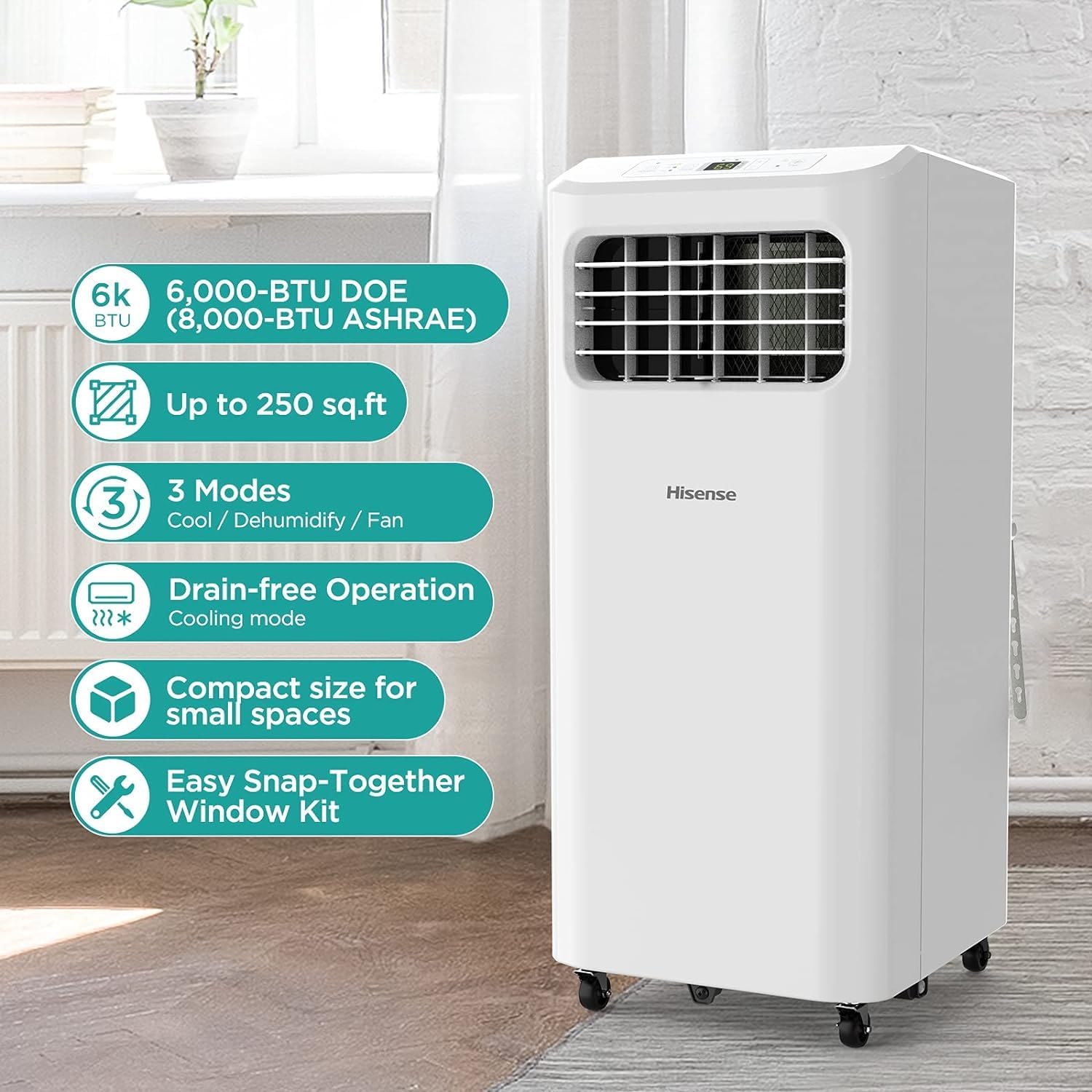 Hisense Portable Air Conditioner 250-Sq.ft 6000 BTU 115-Volt White AP0621CR1W, Ultra-Slim Portable Air Conditioner