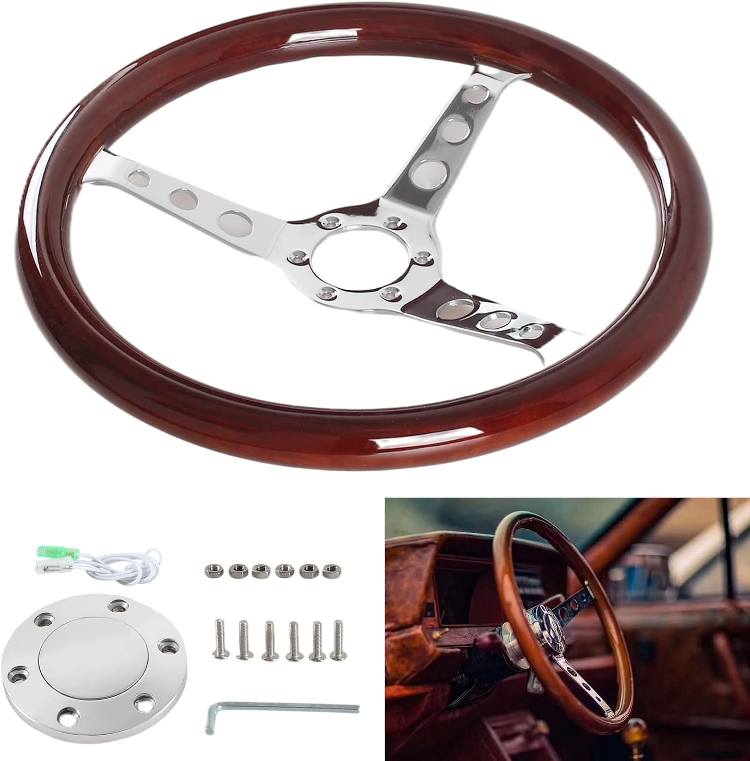 YIUIY 380MM 15" Wooden Steering Wheel with Horn Button Kit- Classic Wood Grain Steering Wheel - Nostalgia Hollow-carved 3 Slotted Style