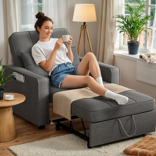 JUMMICO Sleeper Chair, 3-in-1 Convertible Sleeper Sofa Bed for Adults, Linen Fabric Pull Out Chair Bed with Adjustable Backrest, for Living Room, Apartment, Office, Small Space (Beige)