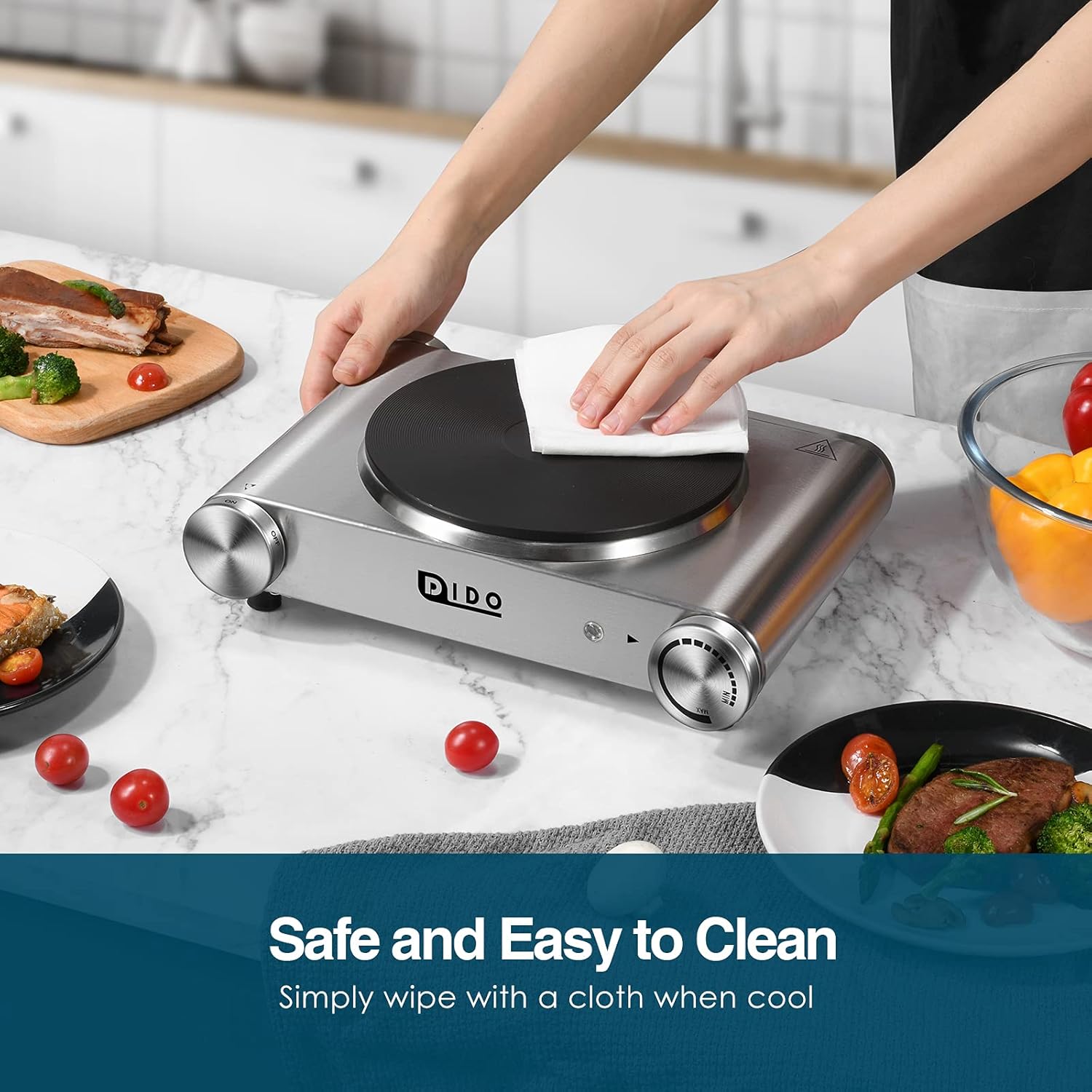 DIDO 1800W Hot Plate, Portable Electric Stove Countertop Cast-Iron Double Burner with Adjustable Temperature& Anti-Slip Feet, Stainless Steel Cooktop for Home/Camp/RV, Compatible for All Cookwares