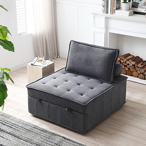 Bellemave 3 in 1 Pulling Out Ottoman Sofa Bed,Multipurpose Faux Leather Folding Ottoman Sleeper Couch Lounger,Convertible Adjustable Sleeper Chair for Living Room Apartment Office（Dark Grey PU）