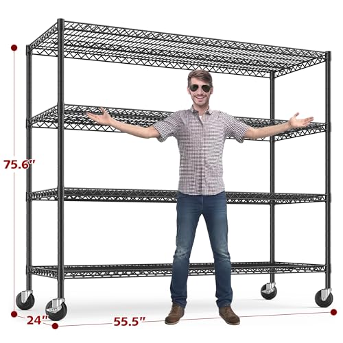 REIBII 75.6" H Storage Shelves Wire Shelving Unit with Wheels 2500LBS Garage Shelving Heavy Duty Metal Shelves for Storage Rack Adjustable Pantry Shelf Commercial Shelving, 75.6" H X 55.5''W X 24" D