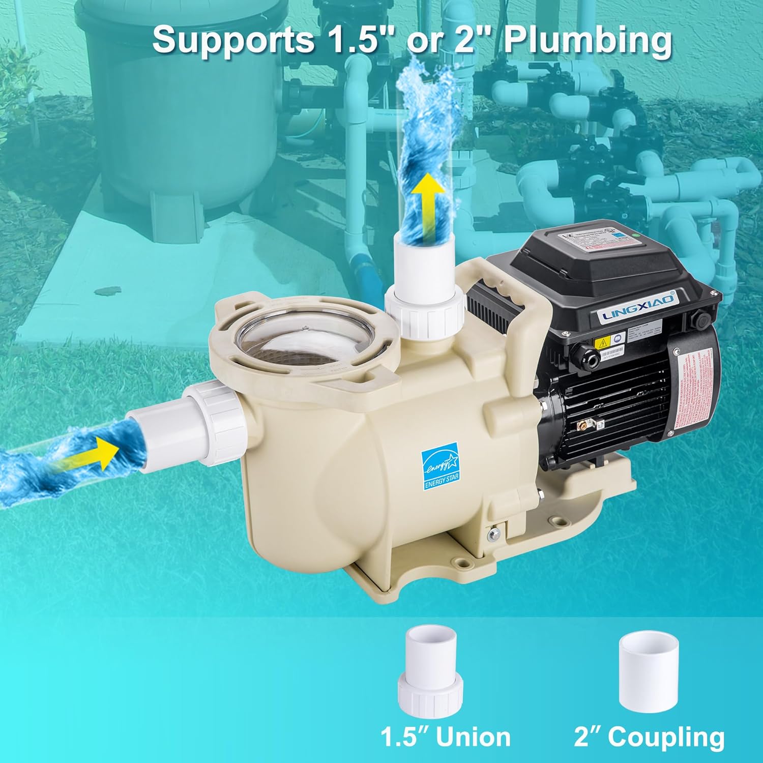 LINGXIAO Variable Speed Pool Pump Inground 2HP with Filter Basket - 115V/208-230V Variable Speed Pump, Low Noise & Energy Star Certified, 1.5" or 2" Fit Includes