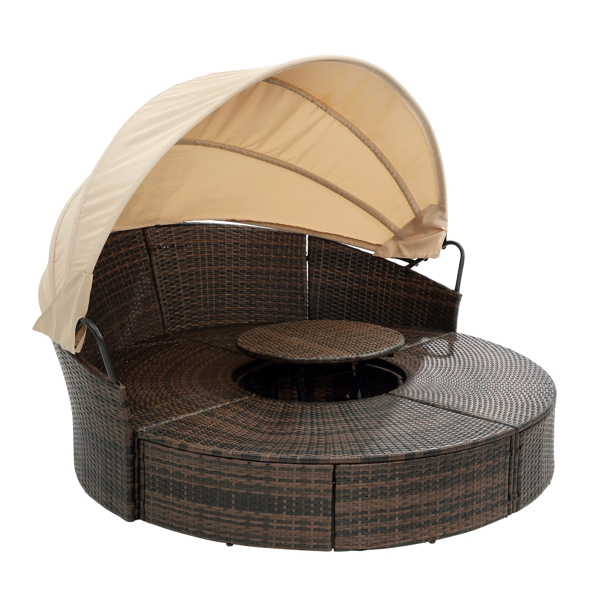SZLIZCCC Outdoor Patio Daybed with Retractable Canopy, Rattan KD Wicker Daybed Outdoor with Lift Coffee Table, Round Patio Furniture Patio Bed for Lawn Garden Backyard Porch Pool