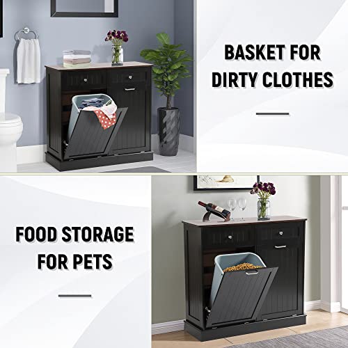 Tilt Out Trash Can Cabinet with Double Hidden Trash Can Holder, Kitchen Free Standing Recycling Cabinet,Dog Proof Trash Can,Wood (Teal)