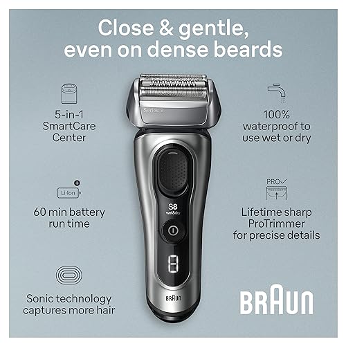 Braun Series 8 Electric Razor for Men, with 4+1 Shaving Elements & Precision Long Hair Trimmer, Close & Gentle Even on Dense Beards, Wet & Dry Electric Razor with 60min Runtime, 8517s Galvano Silver