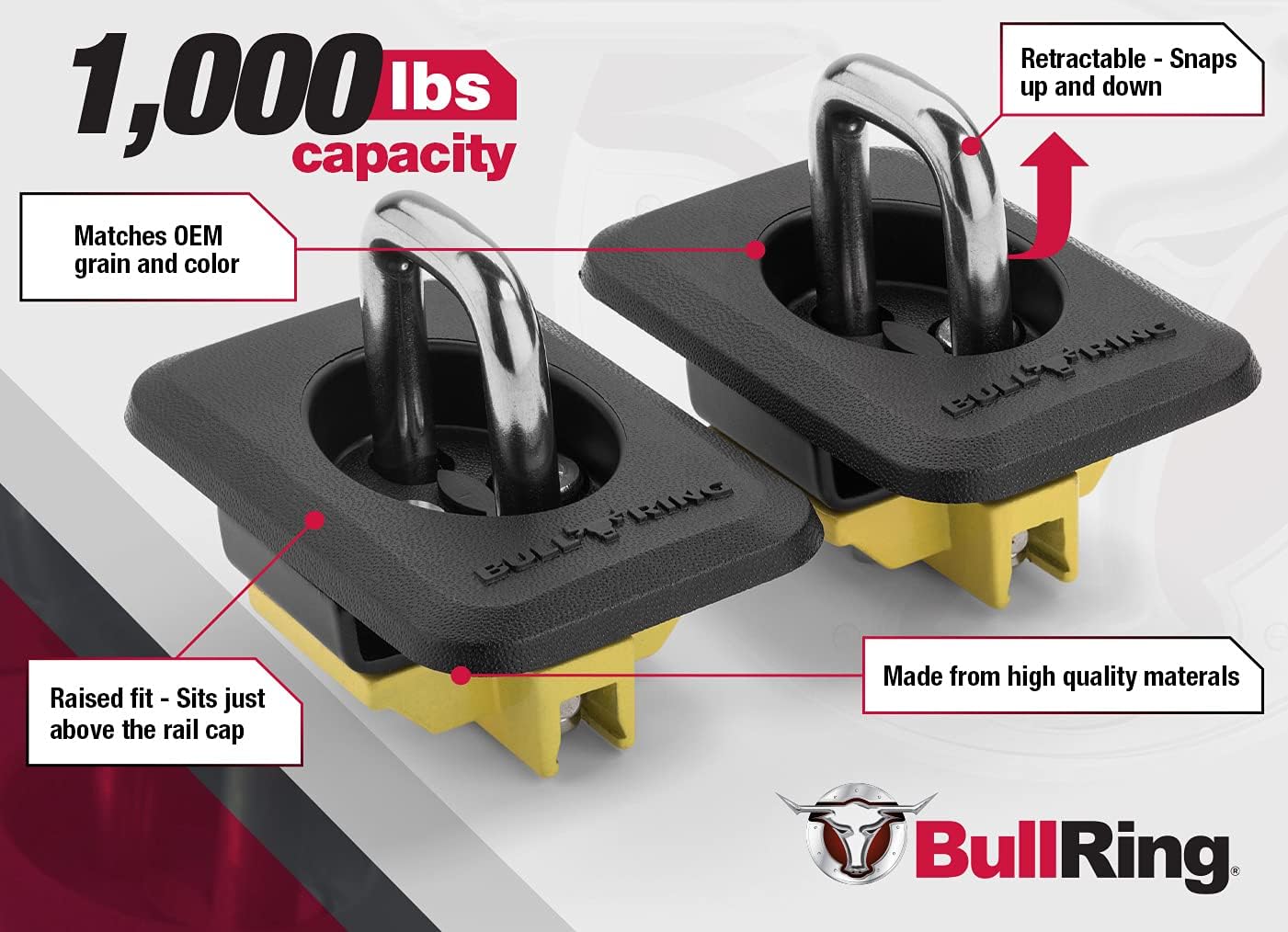 Bull Ring Classic Raised Fit Retractable Tie Down Anchors for '98-14 Ford F150, 98-16 Ford Super Duty, 88-13 Chevrolet Silverado and GMC Sierra, 95-08 Dodge RAM (2 Pairs)