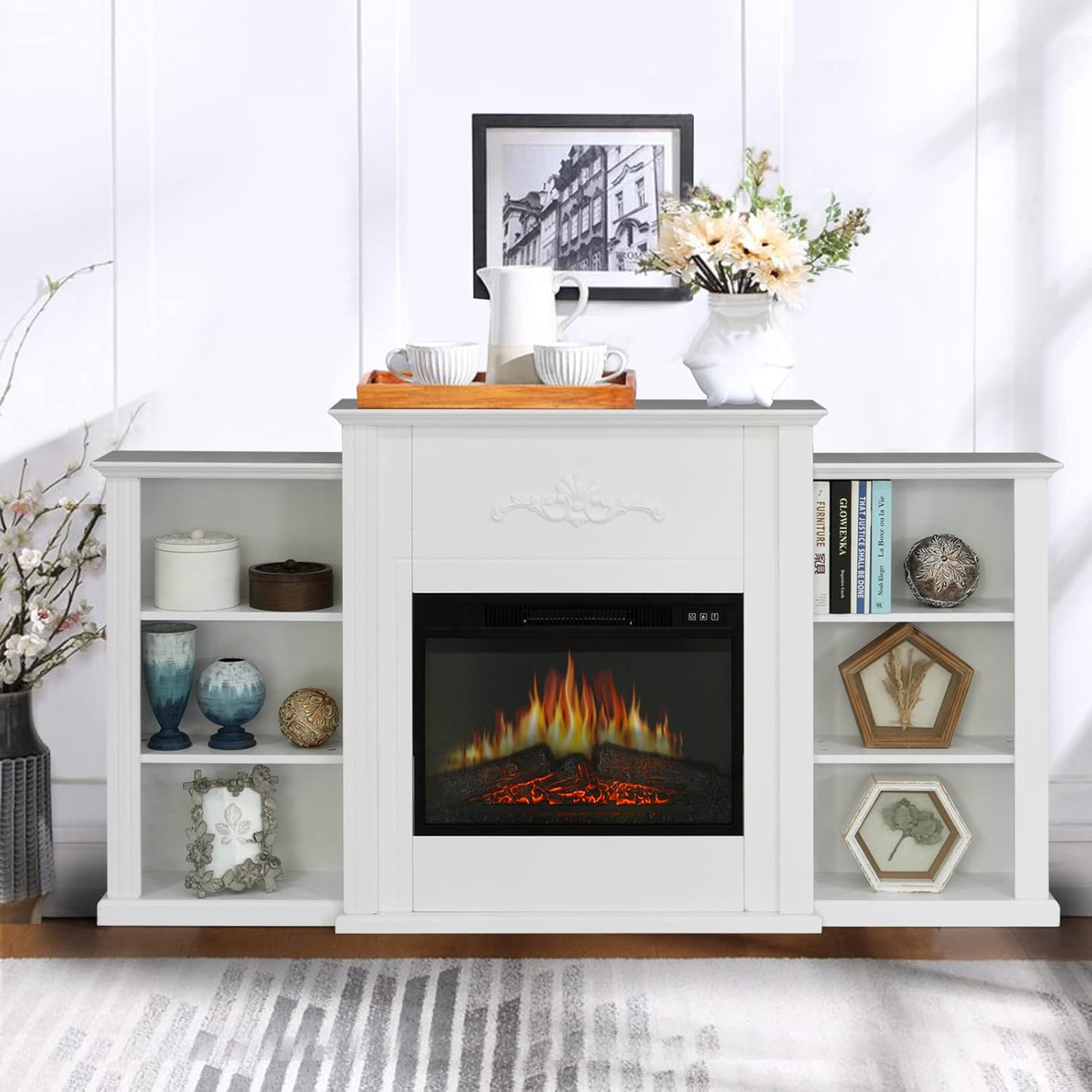 Sophia & William Farmhouse Electric Fireplace TV Stand for TV's Up to 65, Accent Decorative Barn Door Storage Cabinet Chest with 23 Insert Fireplace for Living Room Bedroom Home Office, Burlywood