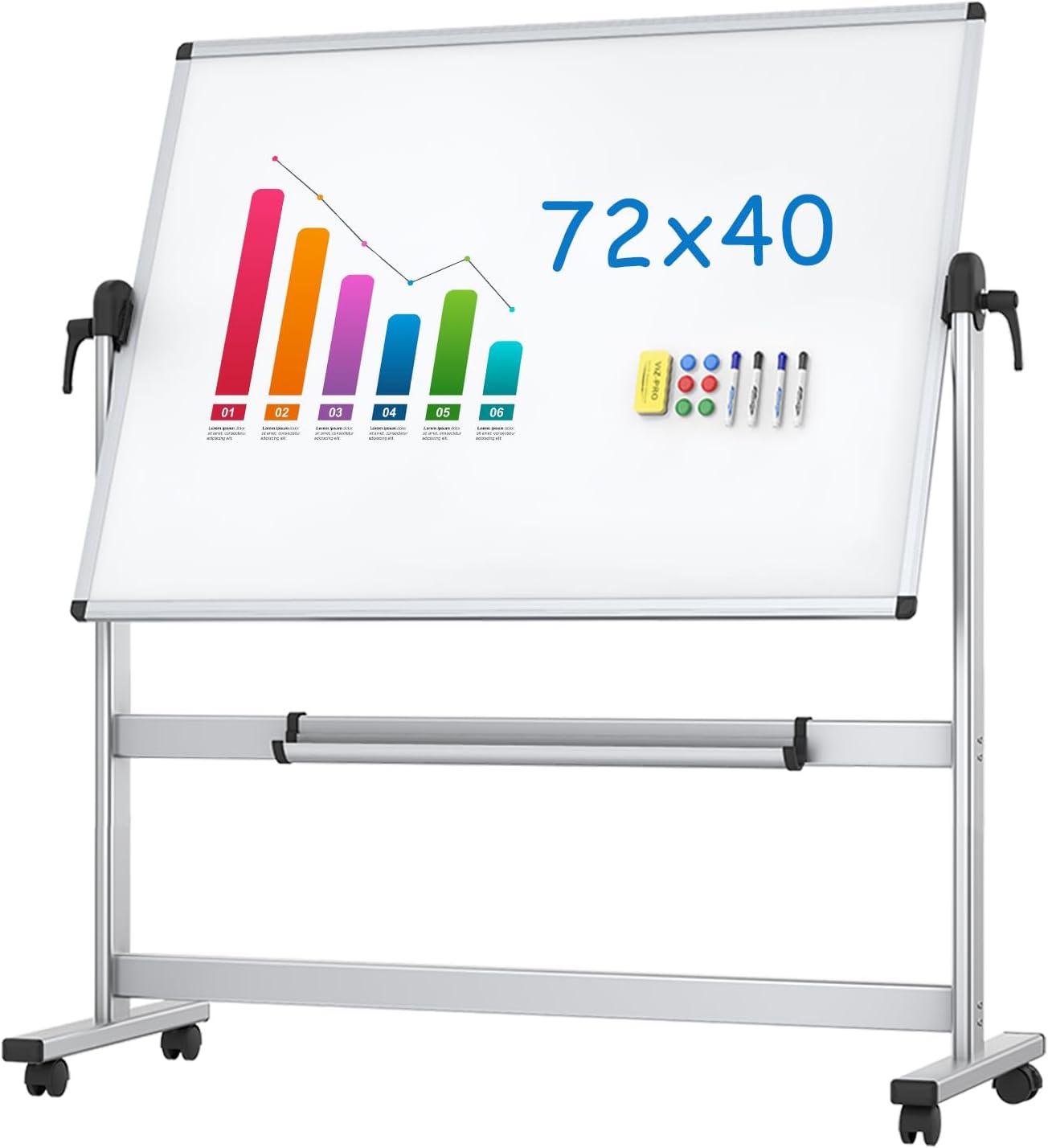 VIZ-PRO Double-Sided Magnetic Mobile Whiteboard 72 x 40 Inches, Aluminium Frame and Stand, with 12 Colors Dry Erase Markers