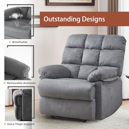 Rocker Recliner Chair for Adults, Overstuffed Large Manual Rocking Recliner, Upholstered Soft Fabric Living Room Reclining Sofa Chair(Gray)