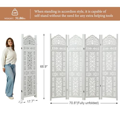 5.75Ft Room Divider Wood Carved Wall Divider Indoor Folding Portable Partition Screen for Home Office Garden Terrace - 4 Panel (Antique Brown)