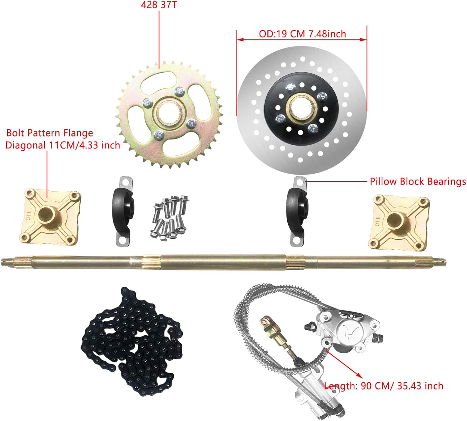 Kinbelle Rear Axle Shaft Kit 740mm w/Brake Assembly Sprocket fit for Go Kart Quad Drift Trike