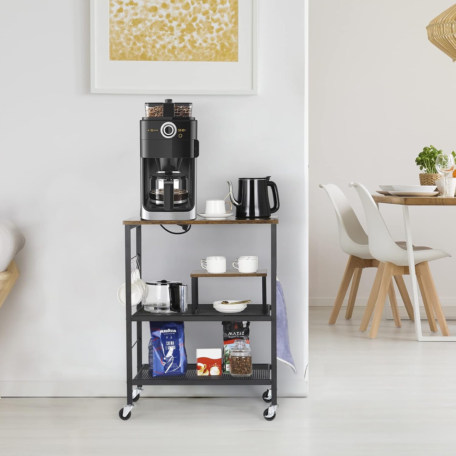 Kitchen Microwave Cart Islands Carts On Wheels 3-Tier Industrial Utility Cart and Rolling Bakers Rack with 10 Hooks and Adjustable Mesh Shelves for Farmhouse, Dining Room, Living Room, Home, Office