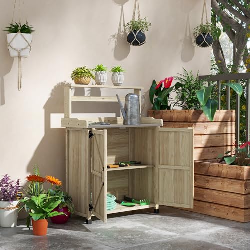 Farmhouse Outdoor Wooden Potting Table with 2 Door Cabinets Garden Workbench with Galvanized Table Top and 2 Shelves Outdoor Potting Bench for Patio, Lawn, Yard or Garden (Gray)