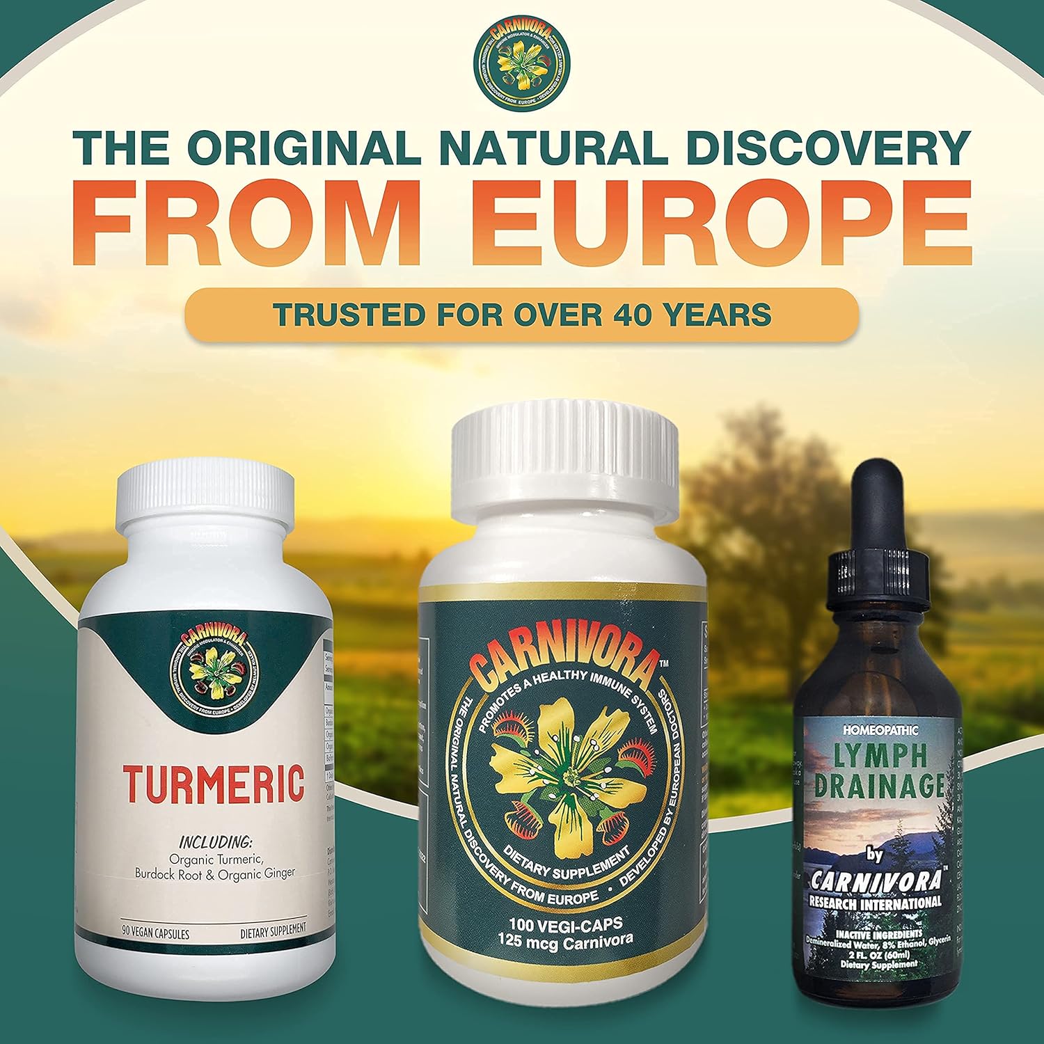 Carnivora Triple Play - Immune System Support, Lymph System Flush, and Enhancement for Joints and Digestion (Bundle with 1 Bottle Vegi-Caps, 1 Bottle Lymph Drainage, and 1 Bottle Turmeric)