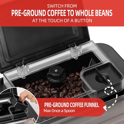 Mcilpoog ES317 Fully Automatic Espresso Machine，Milk Frother,Built-in Grinder，Intuitive Touch Display ，7 Coffee Varieties for Home, Office,and more