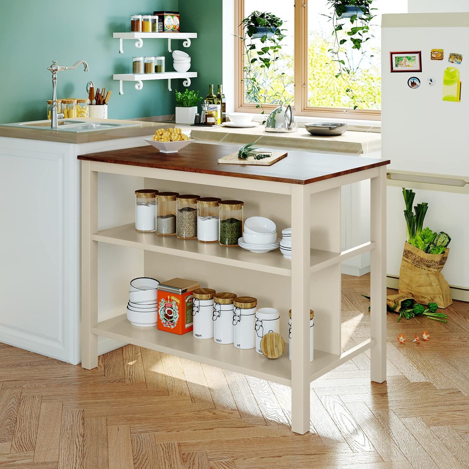 Solid Wood Rustic 3-piece 45" Stationary Kitchen Island Set with 2 Seatings, Rubber Wood Butcher Block Dining Table Set Prep Table Set with 2 Open Shelves for Small Places,Walnut+Cream White