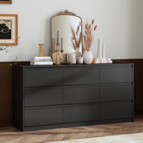 Hitow 9 Drawer Dresser for Bedroom with Deep Drawers, Large Floor Wood Dressers & Chest of Drawers Handle Free, Modern Black Long Dressers for Closet Living Room, Euro Slide (63"W x 15.7"D x 31.5"H)