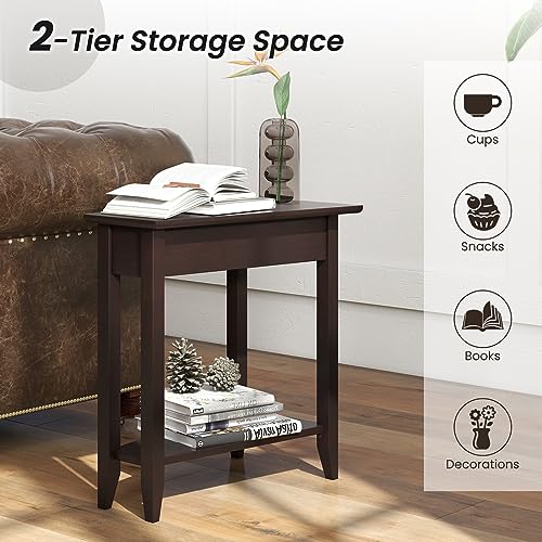 GOFLAME 2-Tier Wedge End Table Set of 2, Narrow Triangle Side Table with Storage Shelf, Solid Wood Legs, Nightstand, Recliner Wedge Table for Living Room, Bedroom, Small Space, White
