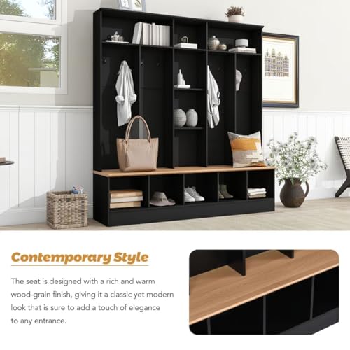 72" H Wide Design Hall Tree with Storage Bench, Minimalist Shoe Cabinet with Cube Storage & Shelves, Multifunctional Coat Rack with 8 Hooks for Entryways, Mudroom, Black