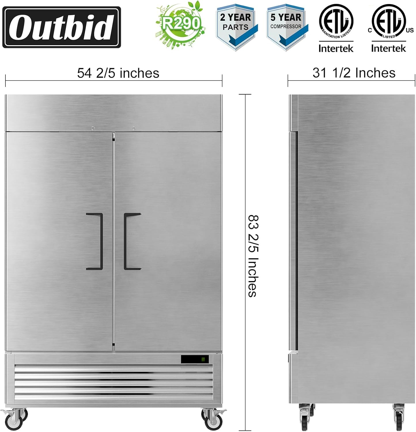 54" Commercial Freezers Upright 2 Door Stainless Steel Reach In Freezer with 8 Shelves, 49 Cubic Feet Air Cooling Auto Defrost Freezer for Restaurant Kitchen Garage, ETL NSF Approved