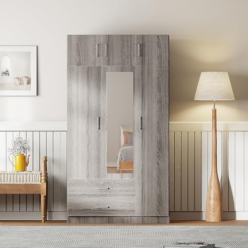 6-Door Armoire Wardrobe Closet with Mirror, 2 Drawers Wooden Armoire Closet Cabinet for High Storage Capacity, Bedroom Armoires with 1 Hanging Rod 41.3" L x 19.5" W x 81.1" H