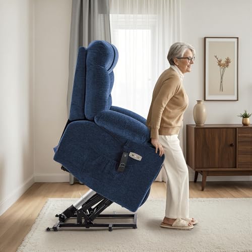MCombo Power Lift Recliner Chair with Extended Footrest for Elderly People, Fabric 7287 (Navy Blue, Medium)
