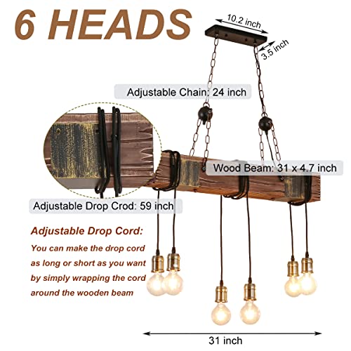 Rustic Chandelier Farmhouse Wood Beam Hanging Industrial Pendant Lighting Vintage Ceiling Light Fixture 10 Heads for Dining Table Kitchen Island Bar Coffee Billiard Pool Table (10 Heads)