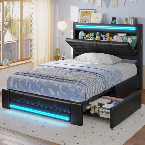 ADORNEVE Queen Bed Frame with Storage Headboard & 4 Drawers, LED Bed Frame Queen with Charging Station, Leather Upholstered Platform Bed Frame with Button Tufted, No Box Spring Needed, Black PU