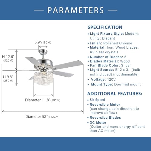 Moooni 52 Inch Modern Reversible Chandelier Fan with Lights and Remote, Elegant Crystal Fandelier Ceiling Light KIt for Bedroom Dining Room Silver