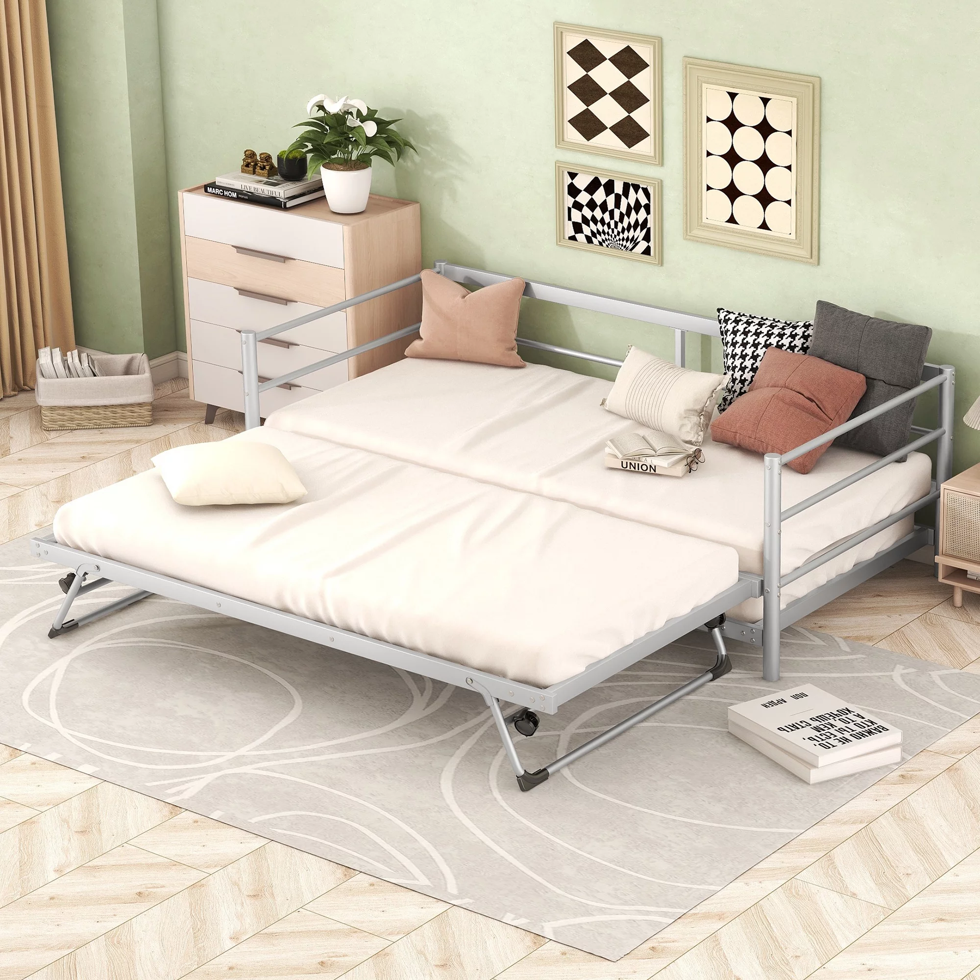 Euroco Metal Twin Size Platform Bed, Convertible Daybed with Trundle Bed, Pop Up Trundle for Guests and Extra Storage, Silver