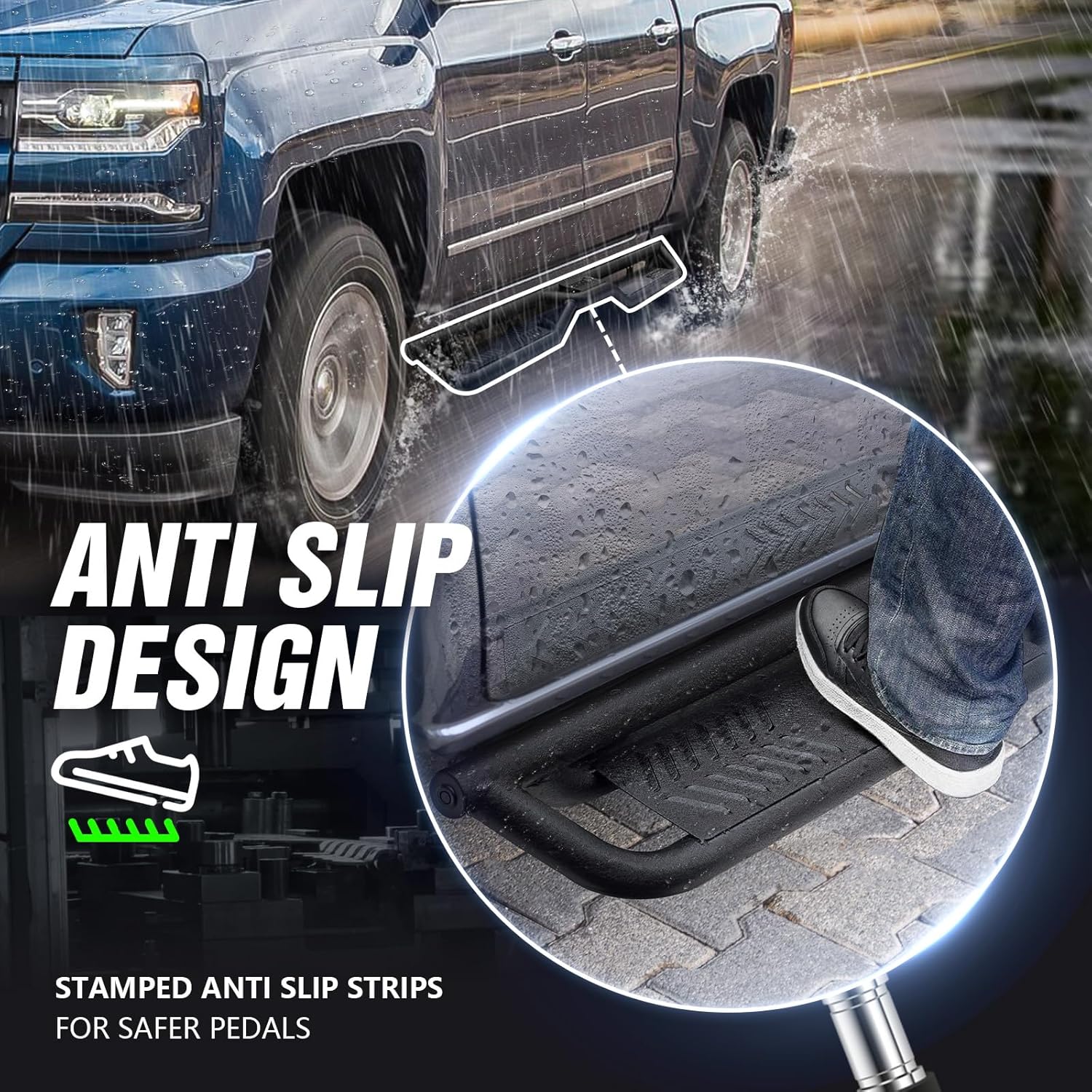 Crew Cab Running Boards Compatible for 2009-2018 Dodge Ram 1500, 2019-2024 Ram 1500 Classic, 2010-2024 Ram 2500 & 3500 CrewCab Side Steps, Bolt-on Nerf Bar, Heavy-Duty Steel Two Stairs Design