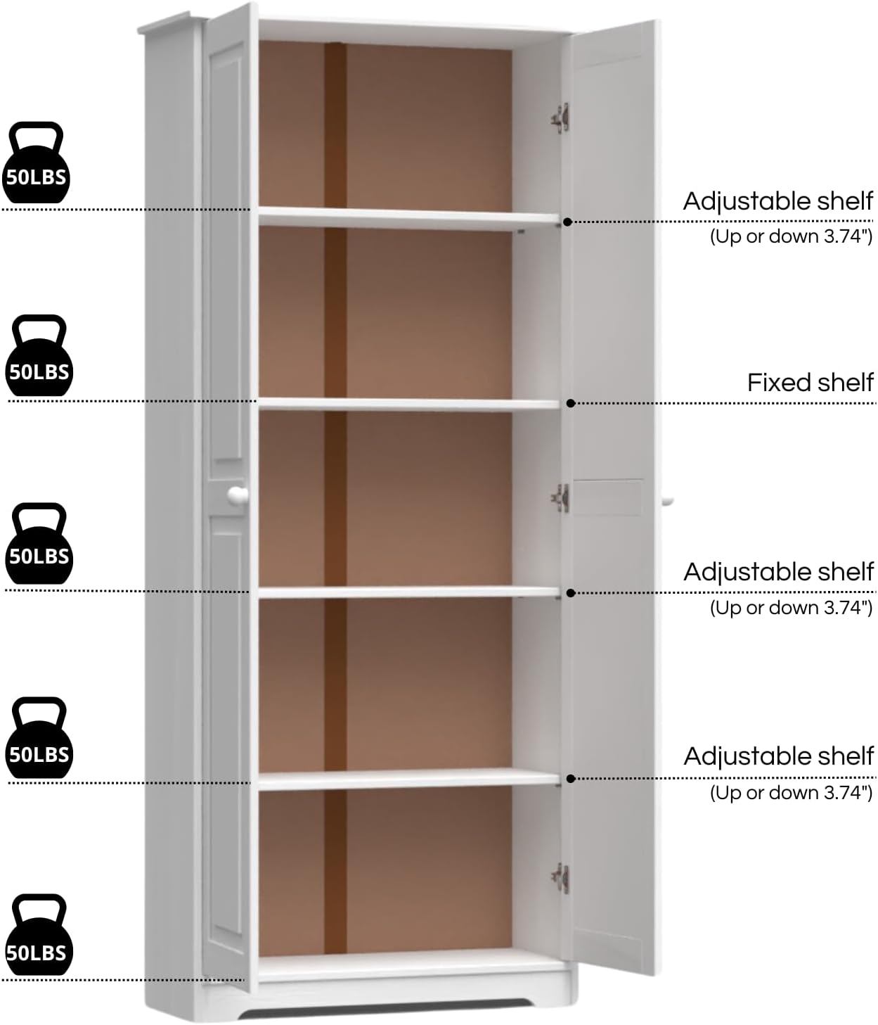 Cabinet Pantry 2 Doors Solid Wood White - Adjustable Shelves Linen Closet & Laundry Offers Ample Organization