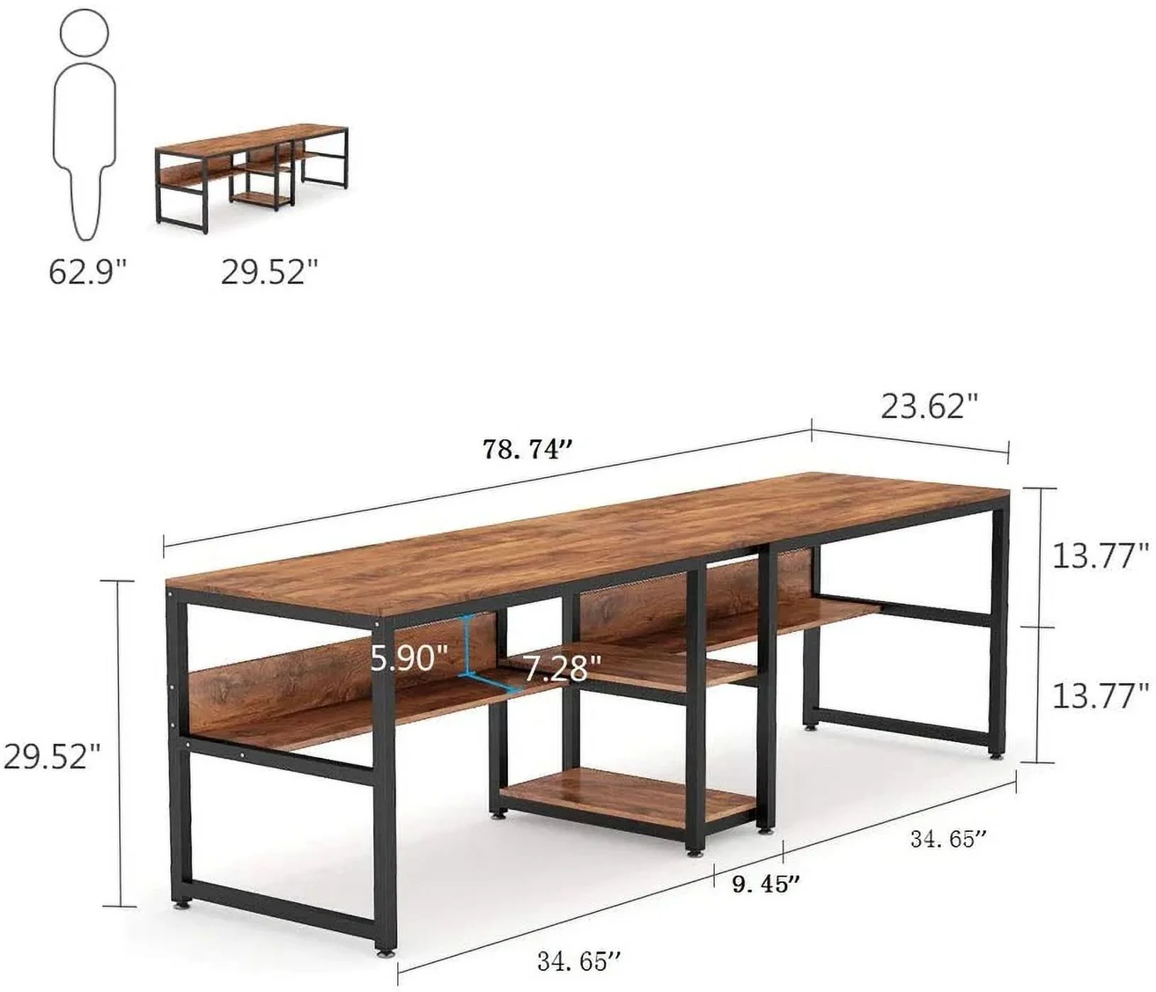78.7" Computer Double Desk with Bookshelf,Black