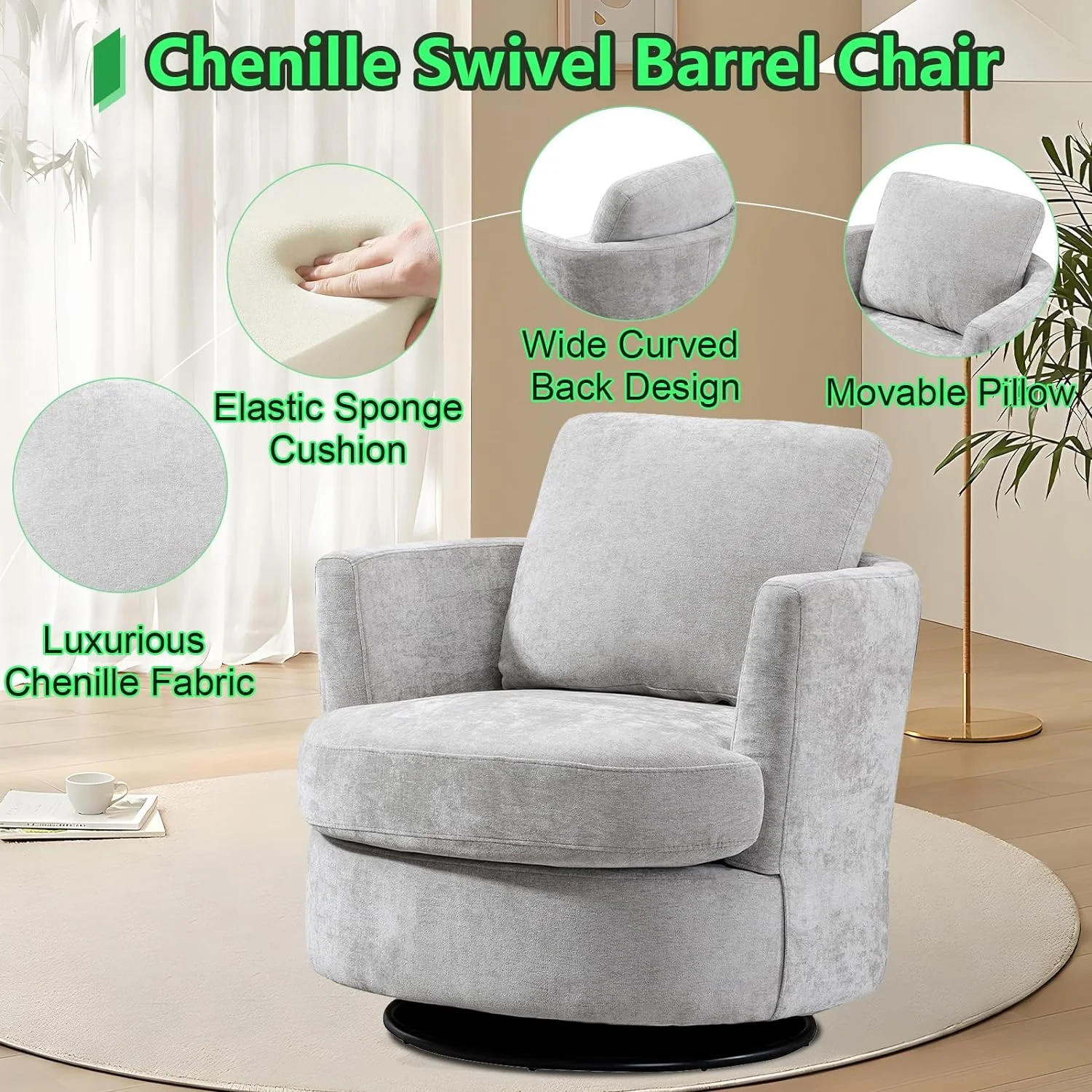 Swivel Barrel Chair Set of 2,31.9" W Modern Round Accent Arm Chairs Upholstered Comfy 360 Degree Swivel Single Circle Club Sofa Chair for Nursery Living Room Bedroom, Light Gray - Curated Treasures Market