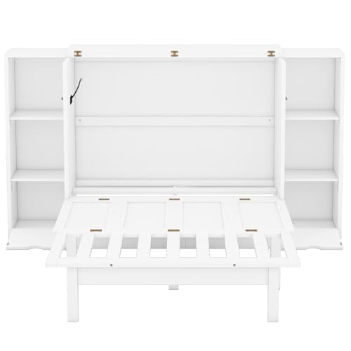 Queen Size Murphy Wall Bed With Storage and Bookcase Headboard, Solid Wood Cabinets, Shelves, Drawers and USB Ports, Multi-Function Platform for Home Office, Guest Room - White