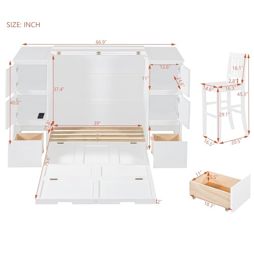 Twin Size Murphy Beds with Charging Station and Storage Drawers, Wood Cabinet Bed Frame, Wall Bed with Outlet & USB Ports for Home Office Studio, White