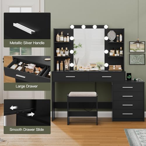 Quimoo Large Vanity Desk with LED Lighted Mirror & Power Outlet,Makeup Vanity Table with 7 Drawers,4 Shelves and 5 Hooks,Vanity Table, Vanity Desk Set for Bedroom,Bathroom,White