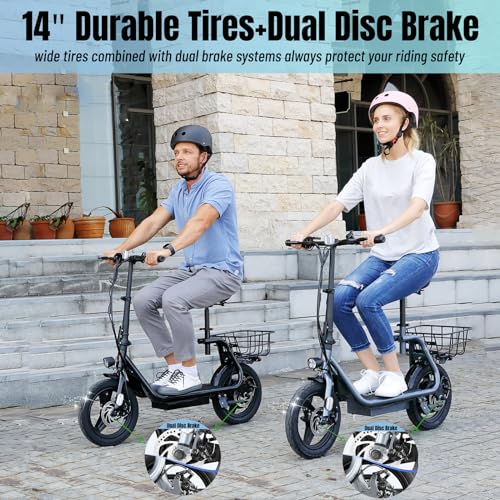 Caroma Peak 500W/800W/1200W Electric Scooter with Seat, Max 15/20/30Miles Range&20MPH, 14" Tires Foldable Adult Electric Scooter with Basket for Pets & Cargo, Dual Shock Absorbing Ebike for Commuting
