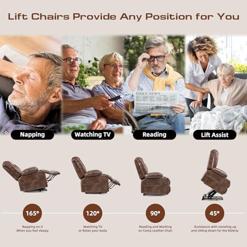 Large Power Lift Chairs Recliners for Elderly with Heated and Massage, Overstuffed Adjustable Lift Chairs, 3 Positions, Breathable Leather, USB-A and USB-C, Cup Holder, Side Pocket Dark Brown