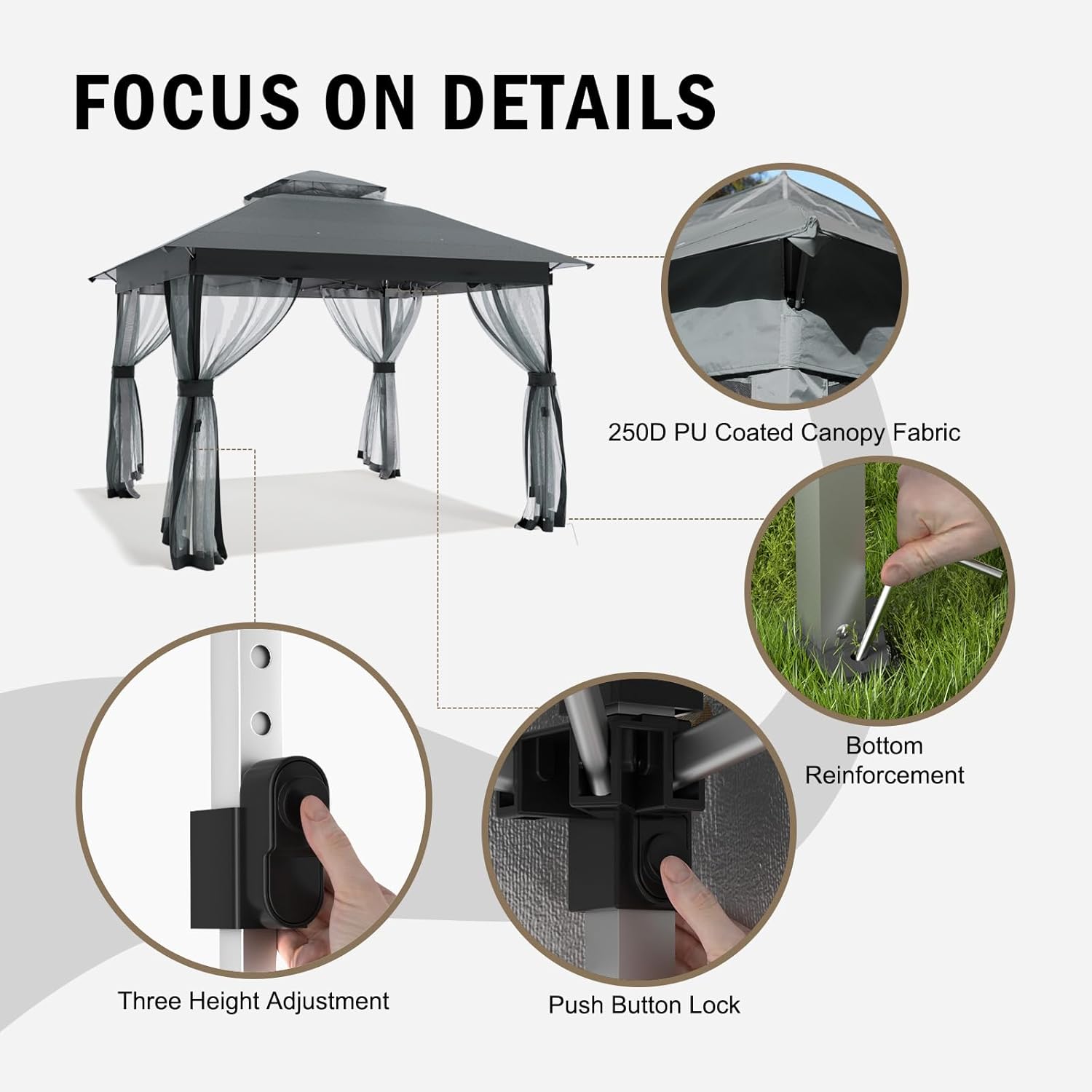 10x10 Outdoor Pop Up Gazebo - Instant Canopy Tent with Mosquito Nettings, Double Roof Vented Gazebo Canopy Shelter for Backyard Shade Party Garden Lawns (10x10ft Grey)
