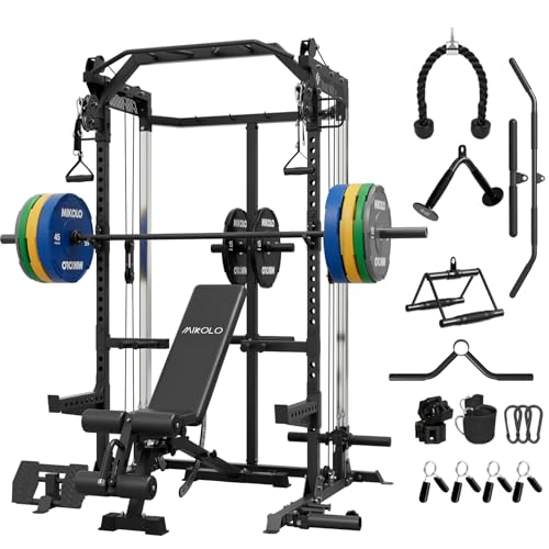 Mikolo Power Cage, 2000LB Power Rack with Independent Dual Pulley System, Multi-Function Home Gym Workout Machine for Cable Crossover